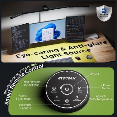 Лампа настільна EYOCEAN з 4 джерелами світла, 24W, 100 см, денне світло, з пультом, регулювання яскравості, LED, для офісу, з лебединою шиєю, захист очей, чорна матова