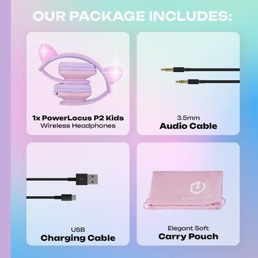 Дитячі навушники PowerLocus Bluetooth з обмеженням гучності 85dB, складні, з чохлом, Over-Ear, бездротові та з кабелем, з мікрофоном, Micro-SD, для телефону, ПК, планшета, зелені (рожево-фіолетові з вушками)
