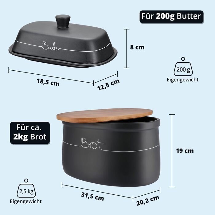 Набір контейнерів для зберігання KHG для кухні антрацитово-сірого кольору з дерев'яною кришкою, контейнери для продуктів з кераміки, з маркуванням, набір органайзерів для кухні, без пластику та світлонепроникні (хлібниця та маслобниця)