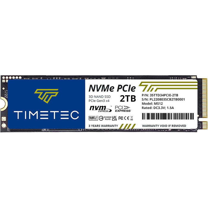 SSD Timetec 2TB NVMe PCIe Gen3x4 з DRAM Cache – Внутрішній SSD для ПК, 3.400/3.000 MB/s