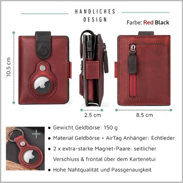 Will Fire® AirTag Wallet with Photo Capsule | Includes AirTag Attachment | Genuine Leather Wallet with Coin & Bill Compartments | Extra Secured RFID Card Holder | Space for up to (12) Cards | [Red-Black]