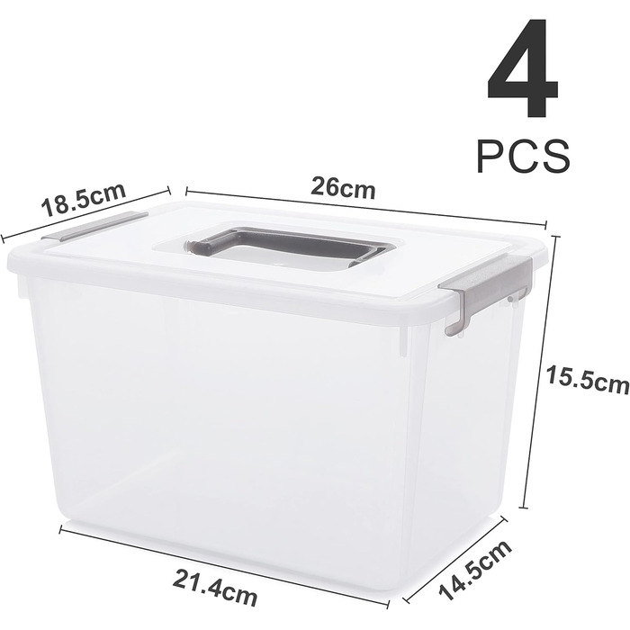Citylife 6-Piece Storage Box Set, 5L, with Lid and Closure Clips, Handle, Stackable, Transparent Box, for Living Room, Bedroom, Garage, 21.4 * 14.5 * 15.5cm (5L/4-piece)