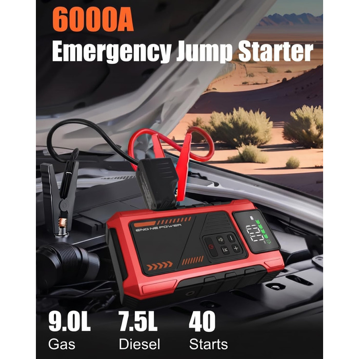 Powerbank для автомобіля з компресором 150 PSI та пусковим струмом 6000A (до 9.0л бензин/7.5л дизель), Jump Starter 12V з LCD дисплеєм, LED ліхтарик, червоний