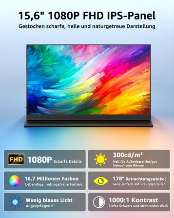 Портативний монітор Yodoit 15.6 дюймів: IPS дисплей FHD 1920x1080, USB-C та HDMI, вбудовані динаміки, захист зору для ПК, ноутбука, Xbox, PS3/4/5, Switch та TV. Чорний колір