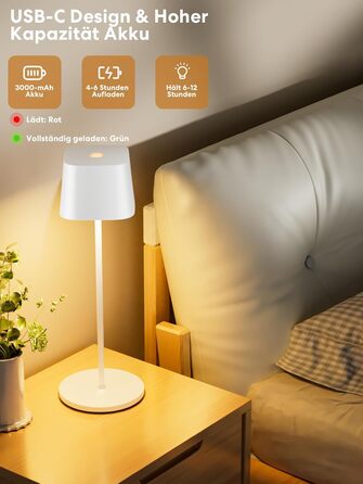 Акумуляторна настільна лампа LED бездротова з USB-C, 3 кольори світла (3000-6000K), диммується, водонепроникна IP54, алюмінієва (біла)
