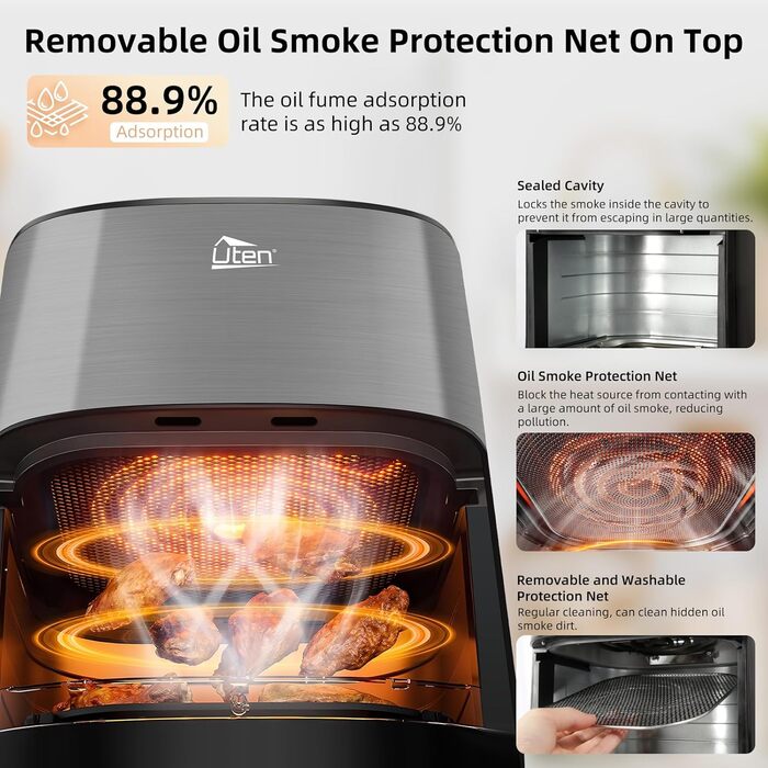 Універсальна аерофритюрниця Uten Dual Blaze 2000 Вт, 5,5 л, без масла, 14 програм, з оглядовим вікном, сірий квадрат