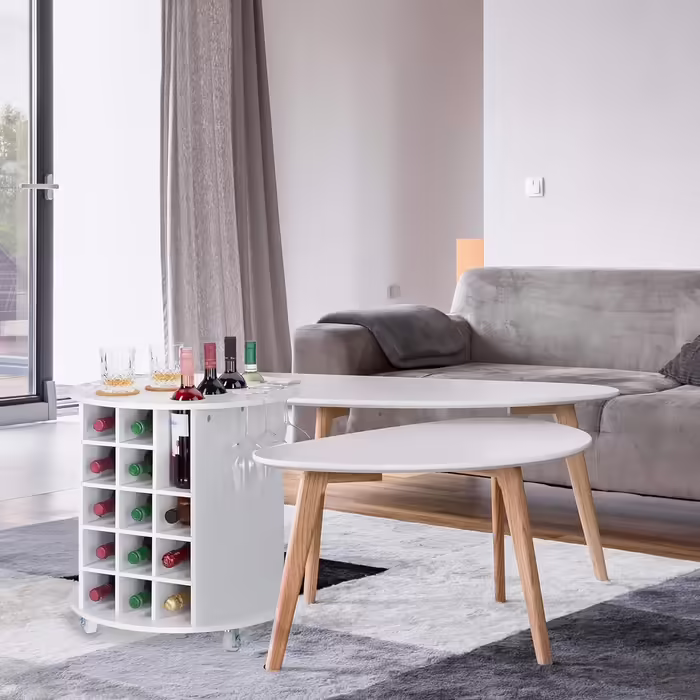Relaxdays, white wine rack on 360° swivel casters, 6 glass holders, wine storage for 17 bottles, round, HxD: 56x54cm