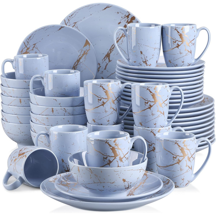 LOVECASA Сервіз столовий порцеляновий, 48-штучний набір посуду Sweet 16, сервіз для їжі з золотим декором, для 4-12 осіб, лавандовий колір