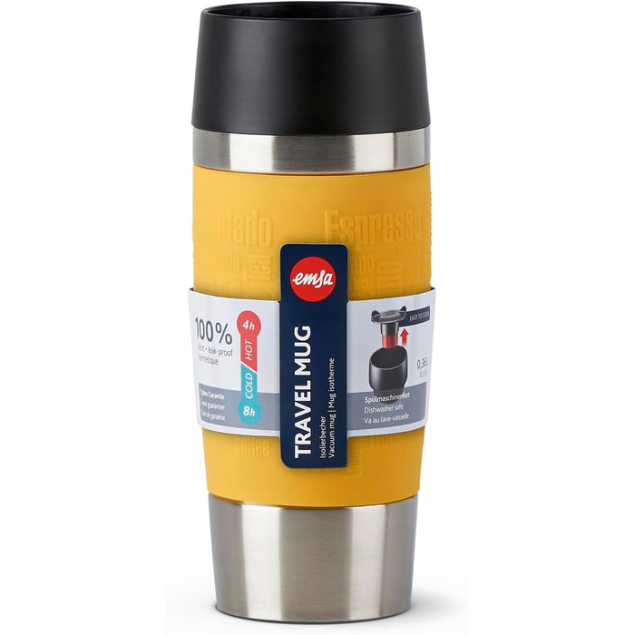 Термокружка Emsa Travel Mug Classic, 360 мл, жовта, з рукавом, 4 години гаряче, 8 годин холодне, 100% герметична