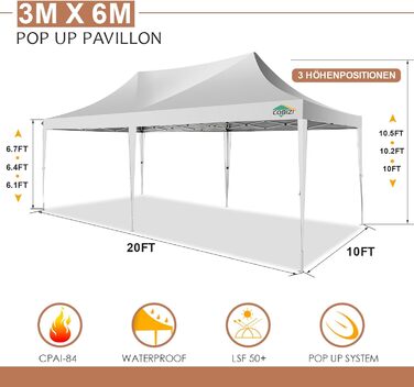 COBIZI Pavilion 3x3 Waterproof Stable Winter-Proof Party Tent 3x3 with 4 Side Walls Pop Up Folding Pavilion UV Protection 50+ Garden Pavilion With Handbag, 8X Pegs and 4X Wind Rope, (White, 3x6 m)