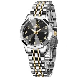 Годинник жіночий OLEVS з нержавіючої сталі, кварцовий, з датою, водонепроникний, чорний циферблат, двоколірний браслет