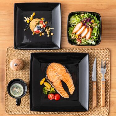 Vancasso Dinnerware Set, 24 Piece Stoneware SOHO Square Dish Set for 6 People, Combination Set, Square 24 Piece Black