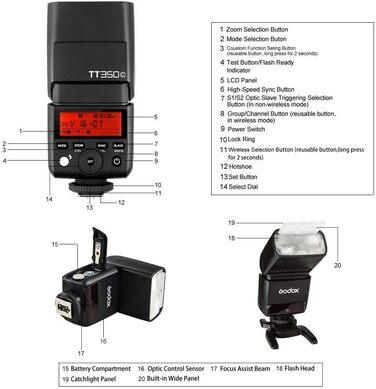 Спалах Godox TT350C TTL для Canon: 2.4G, HSS 1/8000s, GN36, сумісний з 6D, 7D, 50D, 60D, 500D, 550D, 600D, 650D, 1000D, 1100D, 1DX, 580EX II, 5D Mark II III