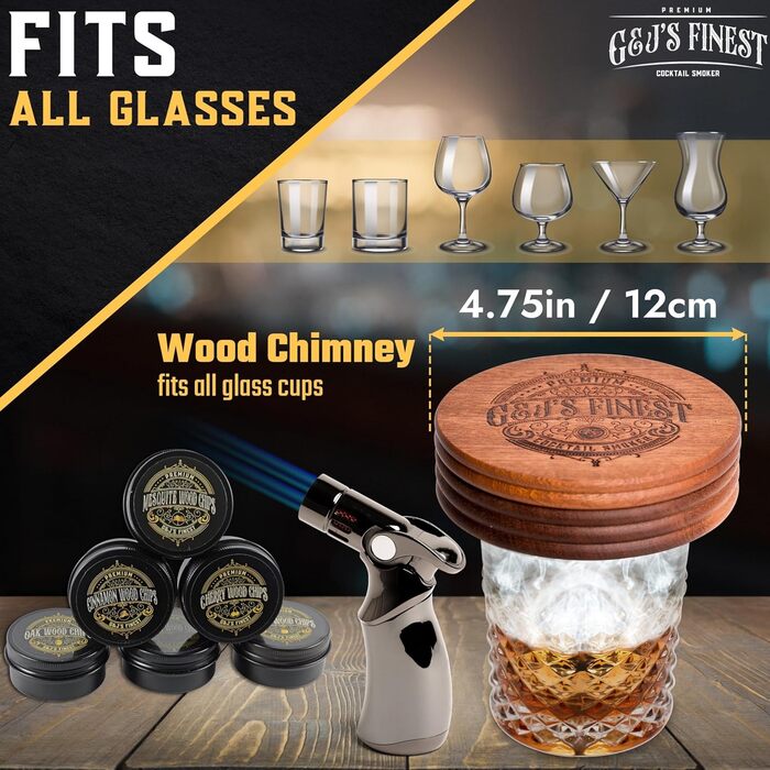 Набір для копчення віскі | Набір для копчення коктейлів | Набір для копчення бурбону | Набір для копчення Old Fashioned з потрійною запальничкою, 6 дерев'яних стружок та дерев'яною коробкою для копчення напоїв | Подарунок для чоловіків (без бутану)