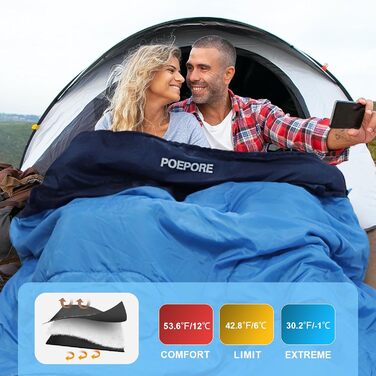 Спальний мішок для двох дорослих з флісу, зимовий, з подушками та сумкою для перенесення, 233*157 см (Блакитний)