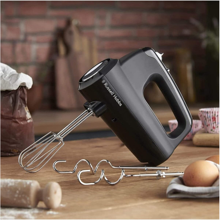 Міксер Russell Hobbs Handmixer Matt Schwarz 24672-56: 5 швидкостей + турбо, 2 насадки, зручна парковка