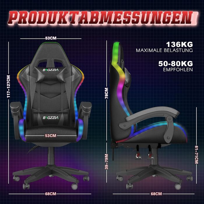 Ігровий стілець Racingreat RGB з підсвічуванням, підголівником та підтримкою попереку, регульований кут нахилу, для дітей та дорослих, чорний
