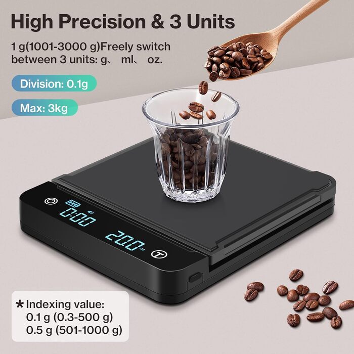 Цифрова кавова вага Cadrim з таймером, 0,1г/3 кг, електронна кухонна вага для еспресо, багатофункціональна вага для продуктів, функція тарування