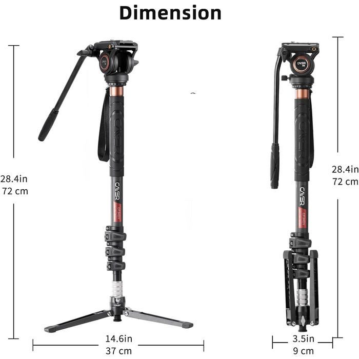 Штатив відео Cayer CF34DV з вуглецевого волокна 71 дюйм, з шарнірним голковим кріпленням та триногим основанням для DSLR-камер та відеокамер, з додатковою ковзною платформою