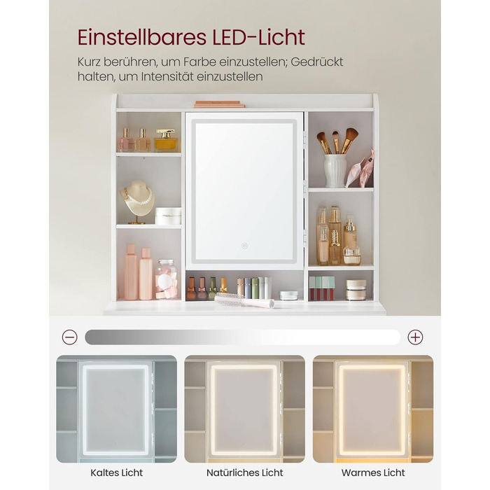 VASAGLE туалетний столик з LED-підсвіткою, 3 режими кольору, регульована яскравість, дзеркало, косметичний стіл з полицями, 2 шухляди, сучасний, білий