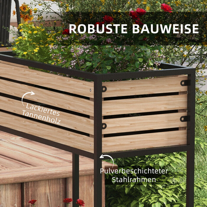 Outsunny Wooden Raised Garden Bed 2-Tier Flower Box with Storage Elevated Vegetable Bed with Interior Fleece Herb Bed Light Brown 83 x 39 x 100 cm