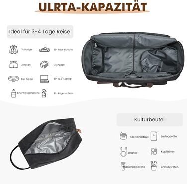 Сумка-органайзер для одягу S-Zone 3-в-1, 60 л, унісекс, з канвасу, з косметичкою, для подорожей, коротких поїздок, ділових поїздок, зберігання, чорна