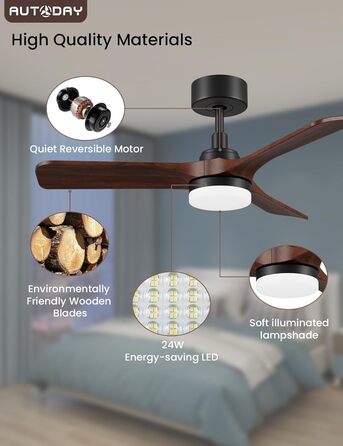 Дерев'яний стельовий вентилятор з підсвіткою, тихий DC-двигун, 90 см, для вулиці, 3 лопаті, диммування LED 24W, пульт з пам'яттю, 6 швидкостей, таймер, текстурована деревина