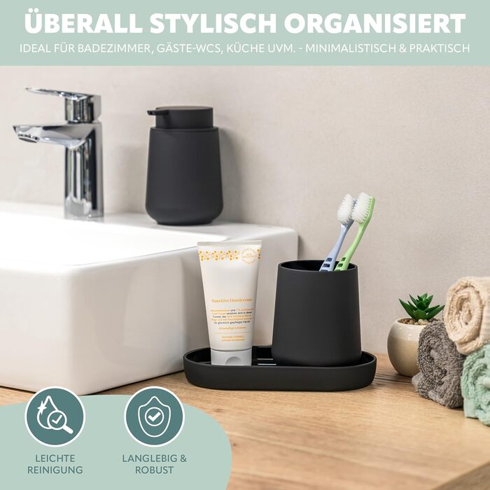 Набір аксесуарів для ванної кімнати Eluno Tesero, 3 шт. (дозатор мила, стакан, миска), чорний пластик