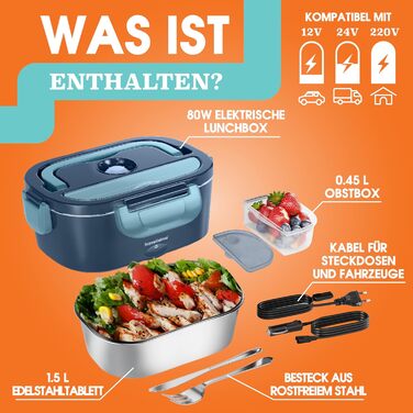 Electric Lunch Box 80W Food Container, Warm Lunch, 1.5L Food Warmer Box 3-in-1 Electric Lunch Box 12V/24V/220V, Portable Food Heater for Work, Car, Truck