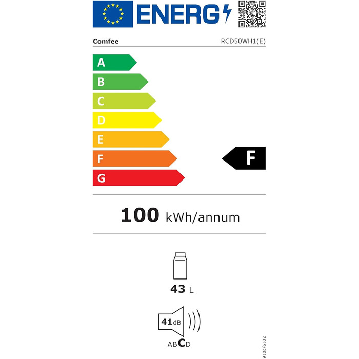 Mini холодильник Comfee RCD50WH2(E) 43L з відділенням для льоду, білий. Холодильник для кімнати та офісу, швидке охолодження, регулювання температури, енергоефективний (F)