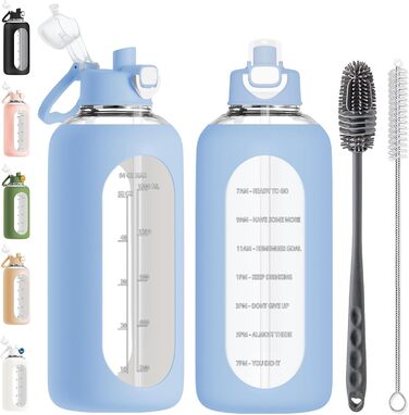 2 Liter Glass Water Bottle, 2L Glass Bottle, Glass Water Bottle with Straw, Bottle Brush (Blue)