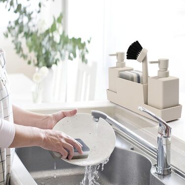 Dish Soap and Hand Soap Dispenser Kitchen Set with Sponge Holder and Brush, Dish Soap Dispenser Kitchen Black, Soap and Dish Soap Dispenser Set Kitchen Gadget Sink Organizer with Soap Dispenser (Beige, 4 in 1)