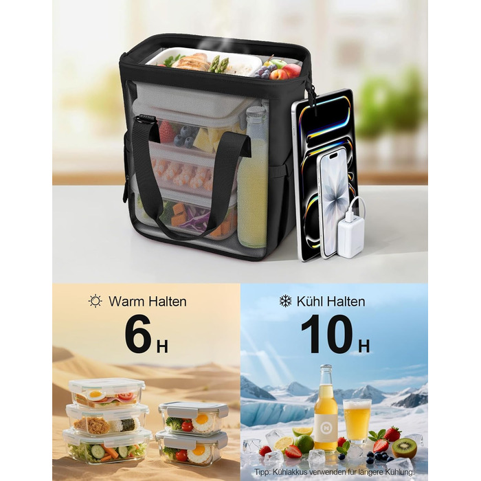Чохол-холодильник 20 л, чорний: ізольована сумка-ланчбокс з PEVA-підкладкою, водонепроникна, з кількома відділеннями та плечовим ременем – для роботи, школи, авто, пікніка