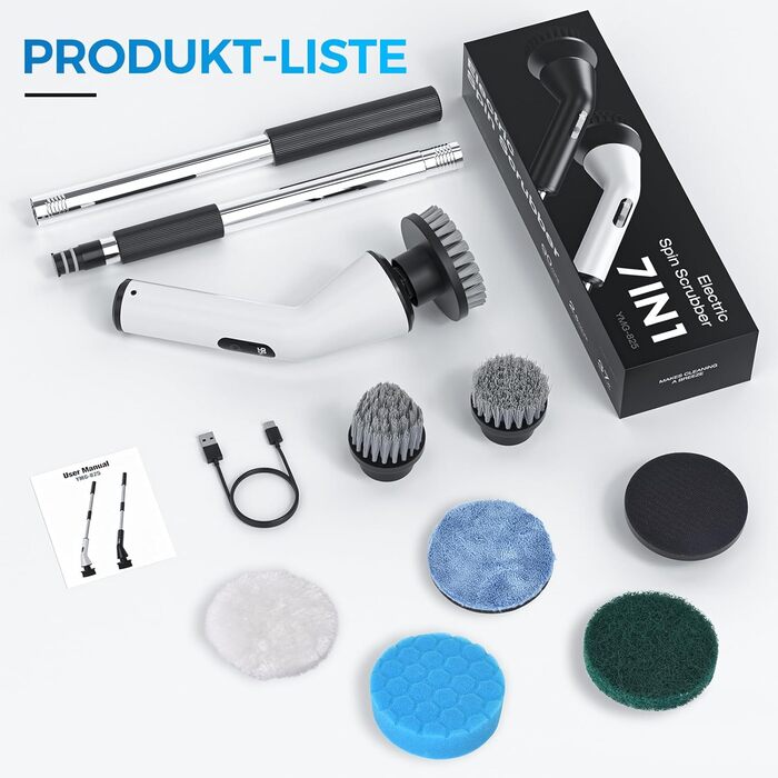 Electric Cleaning Brush, Cordless Electric Cleaning Brush with 7 Interchangeable Drill Brush Heads, Mop Set, Electric Scrub Brush with Adjustable Handle for Bathroom, Kitchen, Car, Floor