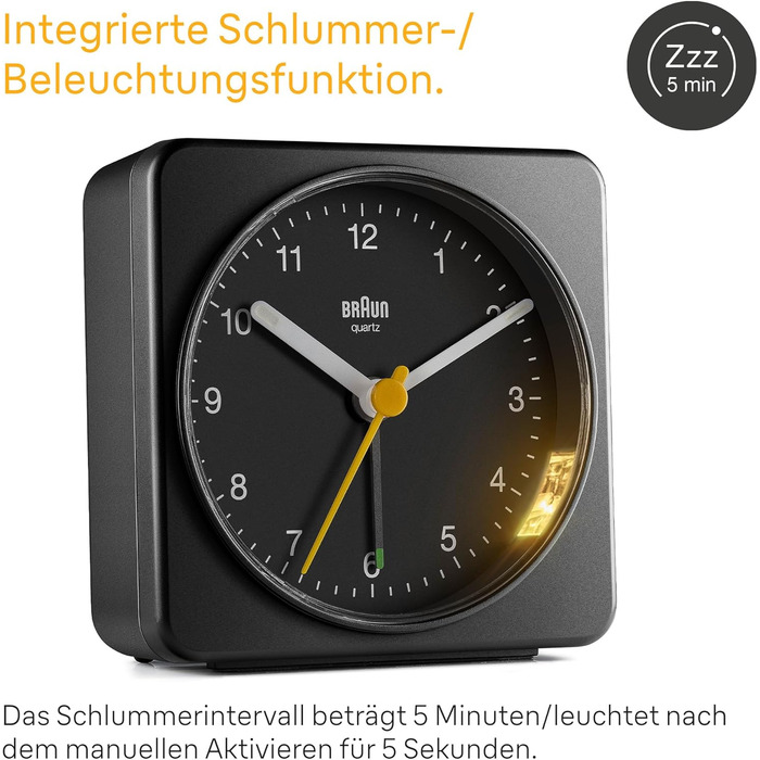 Braun Classic Analog Alarm Clock with Snooze Function and Light, Silent Quartz Movement, Crescendo Alarm, Black Model BC03B