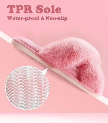 Тапочки жіночі Ankis з плюшу, теплі зимові, з перехресними ремінцями, з піною Memory, відкриті пальці, пухнасті, для дому та вулиці (білі, чорні, сірі, рожеві, верблюжі), 38/39 EU, рожеві