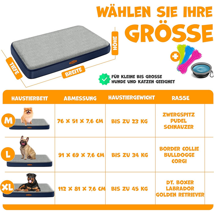 Lovpet® Orthopedic Dog Bed, Dog Cushion, Dog Basket Cookie, Incl. Bowl + 3X Chew Bones, Dog Sofa for Small, Medium & Large Dogs, Removable and Washable Cover, L 91x69x7.6 cm Anthracite (M (76 x 51 x 7.6 cm), Navy Blue / Light Grey)