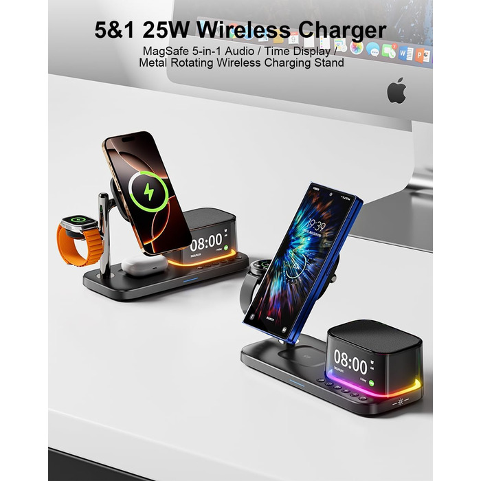 MagSafe Зарядний Стенд 5-в-1 45W Qi2.2: Бездротова Зарядка iPhone 17/16, Apple Watch Ultra, Годинник, Нічник, Спікер