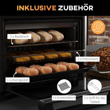 HOMCOM Convection Mini Oven 40-220 °C 13L Mini Oven with Baking Tray, Grill Rack, Crumb Tray, Hot Air Fryer, 12 Programs for Versatile Cooking