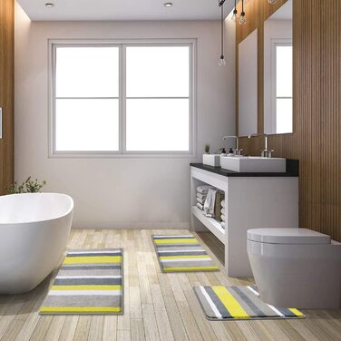 Pauwer Non-Slip Bath Mats Set, 3-Piece Bath Rug Soft Microfiber Absorbent Bathroom Rug Machine Washable Bath Mat for Bathroom Living Room (Yellow) Yellow 50 x 80 cm + 45 x 65 cm + 50 x 60 cm