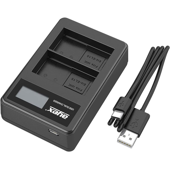 Зарядний пристрій Ayex USB сумісний з акумуляторами Nikon EN-EL15 для Z7 II, Z6 II, Z5, D850, D780, D750, D600. Зарядка через USB-C (з ноутбука, powerbank) з LCD-індикатором рівня заряду. Комплект: зарядний пристрій EN-EL15 (подвійний) + акумулятори