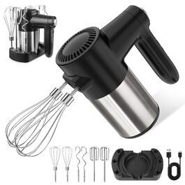 Бездротовий міксер з цифровим дисплеєм, 7 швидкостей, акумуляторний, з 6 насадками з нержавіючої сталі (міксер, вінчик, гачок для тіста) та підставкою для зберігання