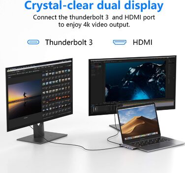 Док-станція USB-C з підтримкою 2 моніторів 4K, DisplayPort, USB3.1, RJ45, 100W PD, картрідер, аудіо/мікрофон, для ноутбуків Dell HP (7 в 2, сірий)