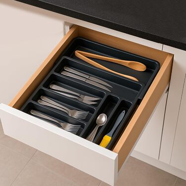 Органайзер для столових приборів Edihome в шухляду, розширюваний, 6-8 відділень, чорний, без BPA
