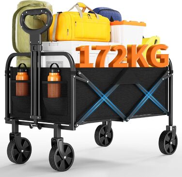 Візок вантажний складний 220L Heavy Duty для кемпінгу, саду, пляжу. Сталевий каркас, 600D Oxford PVC, регульована ручка, чорний