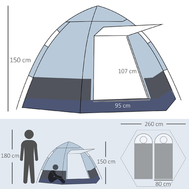 Outsunny Camping Tent 3-4 Person, Family Tent, Dome Tent, 210T PU, Steel, Fiberglass, Gray+Black, 240 x 240 x 195 cm | Aosom