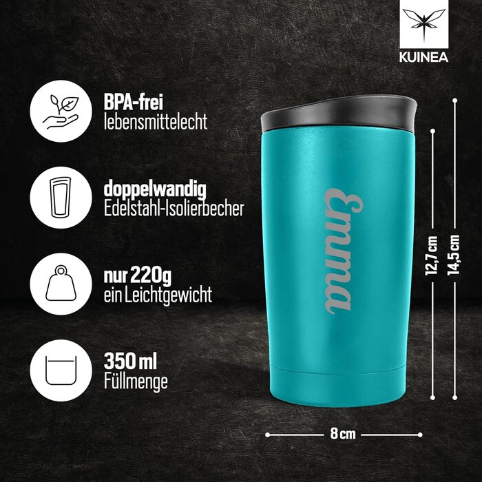 Термокружка KUINEA для кави та чаю, 350 мл, нержавіюча сталь, з щільним закриттям, зелена (турквіз), BPA-free