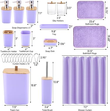 Набір для ванної кімнати XLHOMO: душовий завіс, килимки, аксесуари (27 предметів) - фіолетовий