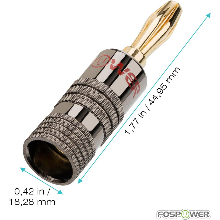 Bananstecker для акустичних кабелів FosPower: 24K позолота, High-End, 2 пари (4 шт.) - червоний та білий