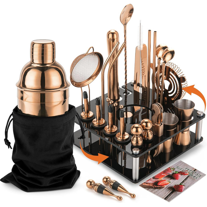 Набір шейкер для коктейлів KINGROW 29 предметів: барменський набір з обертовим стендом | Набір для приготування напоїв з аксесуарами для дому, бару, вечірки | Золотий